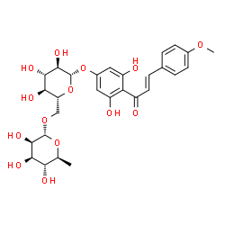 ChemSpider 2D Image | 3,5-Dihydroxy-4-[(2E)-3-(4-methoxyphenyl)-2-propenoyl]phenyl 6-O-(6-deoxy-alpha-L-mannopyranosyl)-beta-D-glucopyranoside | C28H34O14
