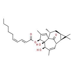 ChemSpider 2D Image | (1S,4S,5S,6R,9S,10R,12R,14R)-5,6-Dihydroxy-3,7,11,11,14-pentamethyl-15-oxotetracyclo[7.5.1.0~1,5~.0~10,12~]pentadeca-2,7-dien-4-yl (2E,4Z)-2,4-decadienoate | C30H42O5