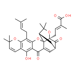 ChemSpider 2D Image | (2E)-4-[(1S,2S,17S,19R)-12-Hydroxy-8,8,21,21-tetramethyl-5-(3-methyl-2-buten-1-yl)-14,18-dioxo-3,7,20-trioxahexacyclo[15.4.1.0~2,15~.0~2,19~.0~4,13~.0~6,11~]docosa-4(13),5,9,11,15-pentaen-19-yl]-2-met
hyl-2-butenoic acid | C33H36O8