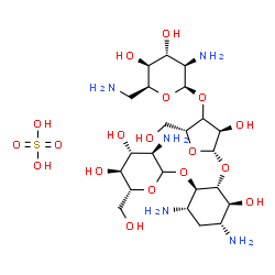 ChemSpider 2D Image | (1R,2R,3S,4R,6S)-4,6-Diamino-2-{[(3xi)-3-O-(2,6-diamino-2,6-dideoxy-beta-L-idopyranosyl)-beta-D-erythro-pentofuranosyl]oxy}-3-hydroxycyclohexyl 2-amino-2-deoxy-D-glucopyranoside sulfate (1:1) | C23H47N5O18S