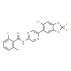 ChemSpider 2D Image | N-[5-(6-Chloro-2,2-difluoro-1,3-benzodioxol-5-yl)-2-pyrazinyl]-2-fluoro-6-methylbenzamide | C19H11ClF3N3O3