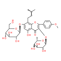 ChemSpider 2D Image | 3-[(6-Deoxy-alpha-L-mannopyranosyl)oxy]-5-hydroxy-2-(4-methoxyphenyl)-8-(3-methyl-2-buten-1-yl)-4-oxo-4H-chromen-7-yl beta-D-erythro-hexopyranoside | C33H40O15