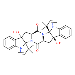 ChemSpider 2D Image | (7aS,8aR,13aS,15aS)-8a,16a-Dihydroxy-5a,13a-bis(2-methyl-3-buten-2-yl)-5a,8,8a,13,13a,15a,16,16a-octahydroindolo[3''',2''':4'',5'']pyrrolo[1'',2'':4',5']pyrazino[1',2':1,5]pyrrolo[2,3-b]indole-7,15(5H
,7aH)-dione | C32H36N4O4