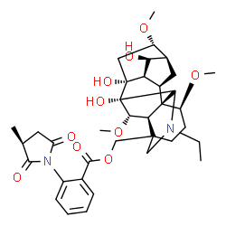 ChemSpider 2D Image | [(1alpha,6beta,7beta,14alpha,16beta)-20-Ethyl-7,8,14-trihydroxy-1,6,16-trimethoxyaconitan-4-yl]methyl 2-[(3S)-3-methyl-2,5-dioxo-1-pyrrolidinyl]benzoate | C36H48N2O10