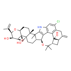 ChemSpider 2D Image | (2R,3S,3aS,4aR,4bS,6aR,7S,8S,9aR,14cR,16aS)-12-Chloro-2-isopropenyl-14b,14c,17,17-tetramethyl-10-methylene-3,3a,6,6a,7,8,9,9a,10,11,14,14b,14c,15,16,16a-hexadecahydro-2H,4bH-7,8-(epoxymethano)cyclobut
a[5,6]benzo[1,2-e]oxireno[4',4a']chromeno[5',6':6,7]indeno[1,2-b]indole-3,4b,7d(5H)-triol | C37H44ClNO6