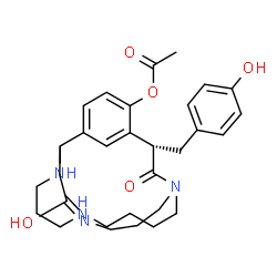 ChemSpider 2D Image | (17S,22E)-23-Hydroxy-17-(4-hydroxybenzyl)-18-oxo-1,6,10,22-tetraazatricyclo[9.7.6.1~12,16~]pentacosa-12(25),13,15,22-tetraen-15-yl acetate | C30H40N4O5