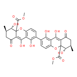 ChemSpider 2D Image | Dimethyl (5S,5'S,6R,6'R)-1,1',5,5',9,9'-hexahydroxy-6,6'-dimethyl-8,8'-dioxo-5,5',6,6',7,7',8,8'-octahydro-10aH,10a'H-2,2'-bixanthene-10a,10a'-dicarboxylate | C32H30O14