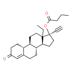 ChemSpider 2D Image | (8R,9S,10R,14S,17R)-13-Ethyl-17-ethynyl-3-oxo-2,3,6,7,8,9,10,11,12,13,14,15,16,17-tetradecahydro-1H-cyclopenta[a]phenanthren-17-yl butyrate (non-preferred name) | C25H34O3