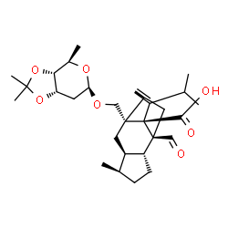 ChemSpider 2D Image | (1R,2R,4R,5R,8R,9S,11R)-2-{[(2,6-Dideoxy-3,4-O-isopropylidene-beta-D-ribo-hexopyranosyl)oxy]methyl}-9-formyl-13-isopropyl-5-methyltetracyclo[7.4.0.0~2,11~.0~4,8~]tridec-12-ene-1-carboxylic acid | C29H42O7