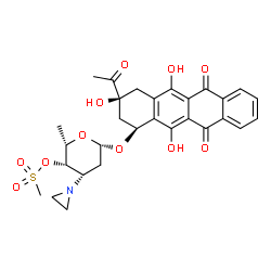 ChemSpider 2D Image | (1S,3S)-3-Acetyl-3,5,12-trihydroxy-6,11-dioxo-1,2,3,4,6,11-hexahydro-1-tetracenyl 3-(1-aziridinyl)-2,3,6-trideoxy-4-O-(methylsulfonyl)-beta-L-lyxo-hexopyranoside | C29H31NO11S
