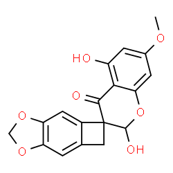 ChemSpider 2D Image | 2,5-Dihydroxy-7-methoxy-4H,6'H-spiro[chromene-3,5'-cyclobuta[f][1,3]benzodioxol]-4-one | C18H14O7