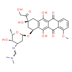 ChemSpider 2D Image | (1S,3S)-3-Glycoloyl-3,5,12-trihydroxy-10-methoxy-6,11-dioxo-1,2,3,4,6,11-hexahydro-1-tetracenyl 2,3,6-trideoxy-3-{(E)-[(dimethylamino)methylene]amino}-alpha-L-lyxo-hexopyranoside | C30H34N2O11