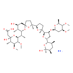 ChemSpider 2D Image | [(2R,3S,4S,5R,6S)-6-{(1S)-1-[(2S,5R,7S,8R,9S)-2-{(2S,2'R,3'S,5R,5'R)-3'-{[(2R,4S,5S,6S)-4,5-Dimethoxy-6-methyltetrahydro-2H-pyran-2-yl]oxy}-5'-[(2S,3S,5R,6S)-6-hydroxy-3,5,6-trimethyltetrahydro-2H-pyr
an-2-yl]-2-methyloctahydro-2,2'-bifuran-5-yl}-9-hydroxy-2,8-dimethyl-1,6-dioxaspiro[4.5]dec-7-yl]ethyl}-2-hydroxy-4,5-dimethoxy-3-methyltetrahydro-2H-pyran-2-yl]acetic acid ammoniate (1:1) (non-prefer
red name) | C47H83NO17