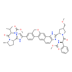 ChemSpider 2D Image | Methyl {(2S)-1-[(2S,5S)-2-(5-{2-[(2S,4S)-1-{(2R)-2-[(methoxycarbonyl)amino]-2-phenylacetyl}-4-(methoxymethyl)-2-pyrrolidinyl]-1,11-dihydroisochromeno[4',3':6,7]naphtho[1,2-d]imidazol-9-yl}-1H-imidazol
-2-yl)-5-methyl-1-pyrrolidinyl]-3-methyl-1-oxo-2-butanyl}carbamate | C49H54N8O8