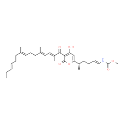 ChemSpider 2D Image | Methyl [(1E,5R)-5-{4-hydroxy-2-oxo-3-[(2E,4E,8E,12E)-2,5,9-trimethyl-2,4,8,12-pentadecatetraenoyl]-2H-pyran-6-yl}-1-hexen-1-yl]carbamate | C31H43NO6