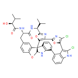 ChemSpider 2D Image | (2S)-N-[(10S,13S,20S,21R)-3,35-Dichloro-10-isopropyl-12-oxo-8,37,40-trioxa-4,11,22,34,39-pentaazadecacyclo[27.6.1.1~2,5~.1~6,9~.1~15,19~.1~18,21~.0~7,20~.0~20,24~.0~23,28~.0~33,36~]tetraconta-1(35),2,
4,6,9(39),15(38),16,18,23,25,27,29(36),30,32-tetradecaen-13-yl]-2-hydroxy-3-methylbutanamide | C40H34Cl2N6O6