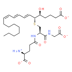 ChemSpider 2D Image | (5S,6R,7E,9E,11Z)-6-({(2R)-2-{[(4S)-4-Ammonio-4-carboxylatobutanoyl]amino}-3-[(carboxylatomethyl)amino]-3-oxopropyl}sulfanyl)-5-hydroxy-7,9,11-icosatrienoate | C30H47N3O9S