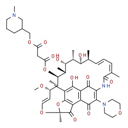 ChemSpider 2D Image | (1-Methyl-3-piperidinyl)methyl (7S,9E,11S,12R,13S,14R,15R,16R,17S,18S,19E,21Z)-2,15,17-trihydroxy-11-methoxy-3,7,12,14,16,18,22-heptamethyl-26-(4-morpholinyl)-6,23,27,29-tetraoxo-8,30-dioxa-24-azatetr
acyclo[23.3.1.1~4,7~.0~5,28~]triaconta-1(28),2,4,9,19,21,25-heptaen-13-yl malonate | C49H65N3O15