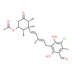 ChemSpider 2D Image | (2S,3S,4R)-3-[(1E,3E)-5-(3-Chloro-5-formyl-2,6-dihydroxy-4-methylphenyl)-3-methyl-1,3-pentadien-1-yl]-2,3,4-trimethyl-5-oxocyclohexyl acetate | C25H31ClO6