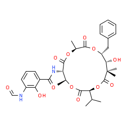 ChemSpider 2D Image | N-[(3S,6S,7S,10S,14R,15R)-15-Benzyl-14-hydroxy-10-isopropyl-3,7,13,13-tetramethyl-2,5,9,12-tetraoxo-1,4,8,11-tetraoxacyclopentadecan-6-yl]-3-formamido-2-hydroxybenzamide (non-preferred name) | C33H40N2O12