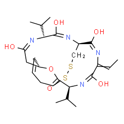 ChemSpider 2D Image | (1S,4S,5E,7Z,8E,10S,19E,21R,22E)-7-Ethylidene-6,9,19,22-tetrahydroxy-4,21-diisopropyl-2-oxa-12,13-dithia-5,8,20,23-tetraazabicyclo[8.7.6]tricosa-5,8,16,19,22-pentaen-3-one | C24H36N4O6S2