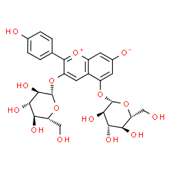 ChemSpider 2D Image | 3,5-Bis(beta-D-glucopyranosyloxy)-2-(4-hydroxyphenyl)-7-chromeniumolate | C27H30O15