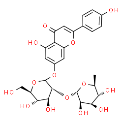 ChemSpider 2D Image | 5-Hydroxy-2-(4-hydroxyphenyl)-4-oxo-4H-chromen-7-yl 2-O-(6-deoxy-alpha-L-mannopyranosyl)-D-glucopyranoside | C27H30O14