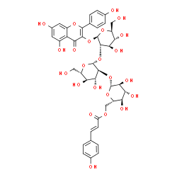 ChemSpider 2D Image | 5,7-Dihydroxy-2-(4-hydroxyphenyl)-4-oxo-4H-chromen-3-yl 6-O-[(2E)-3-(4-hydroxyphenyl)-2-propenoyl]-beta-L-glucopyranosyl-(1->2)-beta-L-glucopyranosyl-(1->2)-beta-L-glucopyranoside | C42H46O23