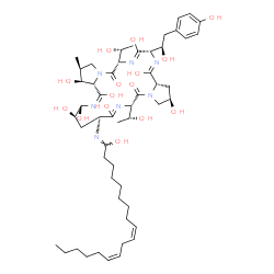 ChemSpider 2D Image | (1Z,9Z,12Z)-N-{(2R,6S,9S,11R,12R,13E,14aS,15S,16S,20S,21Z,23S,24Z,25aS)-2,8,11,12,14,15,22,25-Octahydroxy-6,20-bis[(1R)-1-hydroxyethyl]-23-[(1R)-1-hydroxy-2-(4-hydroxyphenyl)ethyl]-16-methyl-5,19-diox
o-2,3,5,6,9,10,11,12,14a,15,16,17,19,20,23,25a-hexadecahydro-1H-dipyrrolo[2,1-c:2',1'-l][1,4,7,10,13,16]hexaazacyclohenicosin-9-yl}-9,12-octadecadienimidic acid | C52H81N7O15