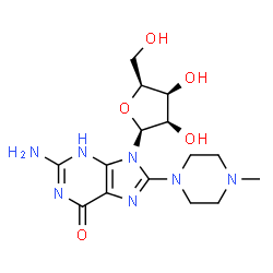 ChemSpider 2D Image | 2-Amino-9-(beta-L-lyxofuranosyl)-8-(4-methyl-1-piperazinyl)-3,9-dihydro-6H-purin-6-one | C15H23N7O5