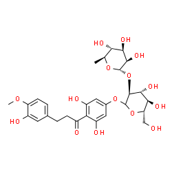 ChemSpider 2D Image | 3,5-Dihydroxy-4-[3-(3-hydroxy-4-methoxyphenyl)propanoyl]phenyl 2-O-(6-deoxy-alpha-L-mannopyranosyl)-L-glucopyranoside | C28H36O15