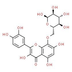 ChemSpider 2D Image | 6-O-[2-(3,4-Dihydroxyphenyl)-3,5,7-trihydroxy-4-oxo-4H-chromen-8-yl]-alpha-L-glucopyranose | C21H20O13