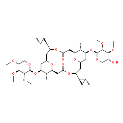 ChemSpider 2D Image | (1S,3S,7S,8S,9S,11S,13S,17S,18S,19S)-8,18-Dimethyl-3,13-bis[(1R,2R)-2-methylcyclopropyl]-5,15-dioxo-19-[(2,3,4-tri-O-methyl-beta-D-xylopyranosyl)oxy]-4,14,21,22-tetraoxatricyclo[15.3.1.1~7,11~]docos-9
-yl 2,3-di-O-methyl-beta-D-xylopyranoside | C43H70O16