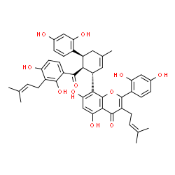 ChemSpider 2D Image | 8-[(1S,5S,6S)-6-[2,4-Dihydroxy-3-(3-methyl-2-buten-1-yl)benzoyl]-5-(2,4-dihydroxyphenyl)-3-methyl-2-cyclohexen-1-yl]-2-(2,4-dihydroxyphenyl)-5,7-dihydroxy-3-(3-methyl-2-buten-1-yl)-4H-chromen-4-one | C45H44O11