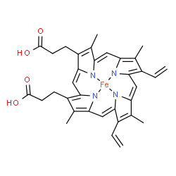 ChemSpider 2D Image | [3,3'-(3,7,12,17-Tetramethyl-8,13-divinyl-22,24-dihydroporphyrin-2,18-diyl-kappa~4~N~21~,N~22~,N~23~,N~24~)dipropanoato(4-)]iron | C34H32FeN4O4