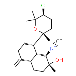 ChemSpider 2D Image | (1R,2R,4aS,8S,8aR)-8-[(2R,5S)-5-Chloro-2,6,6-trimethyltetrahydro-2H-pyran-2-yl]-1-isocyano-2-methyl-5-methylenedecahydro-2-naphthalenol | C21H32ClNO2