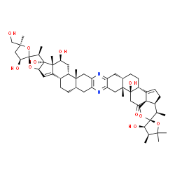 ChemSpider 2D Image | (2R,3S,3'S,3''R,4'R,4''S,4a'S,5S,6b'R,8a'S,11a'R,11b'S,13'S,13a'S,13b'R,14'S,16a'R,17b'S,19a'S,22a'R,22b'R,24a'S)-3,3'',13',13b',22b'-Pentahydroxy-5-(hydroxymethyl)-4',4'',5,5'',5'',11a',13a',14',22a'
-nonamethyl-4,4',4'',4a',5,5',5'',6b',7',8',8a',9',11',11a',11b',12',13',13a',13b',14',16a',17b',18',19',19a',20',22',22a',22b',23'-triacontahydro-3H,3''H,24'H-dispiro[furan-2,15'-furo[3'',2'':3',4']c
yclopenta[1',2':5,6]naphtho[1,2-b]pyrano[3'',4'':2',3']cyclopenta[1',2':5,6]naphtho[1,2-i]phenazine-3',2''-furan]-24'-one | C55H76N2O11