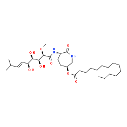 ChemSpider 2D Image | (3S,6S)-7-Oxo-6-{[(2R,3S,4R,5S,6E)-3,4,5-trihydroxy-2-methoxy-8-methyl-6-nonenoyl]amino}-3-azepanyl myristate | C31H56N2O8