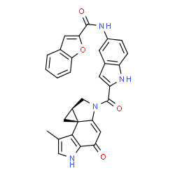 ChemSpider 2D Image | N-(2-{[(3bS,4aR)-3-Methyl-8-oxo-1,4a,5,8-tetrahydrocyclopropa[c]pyrrolo[3,2-e]indol-6(4H)-yl]carbonyl}-1H-indol-5-yl)-1-benzofuran-2-carboxamide | C30H22N4O4