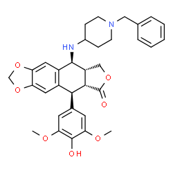 ChemSpider 2D Image | (5S,5aR,8aR,9S)-9-[(1-Benzyl-4-piperidinyl)amino]-5-(4-hydroxy-3,5-dimethoxyphenyl)-5,8,8a,9-tetrahydrofuro[3',4':6,7]naphtho[2,3-d][1,3]dioxol-6(5aH)-one | C33H36N2O7