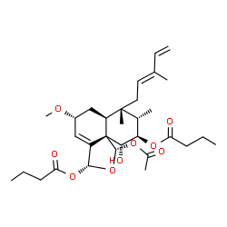 ChemSpider 2D Image | (1S,3R,5R,6aS,7S,8S,9R,10R,10aS)-1-Acetoxy-10-hydroxy-5-methoxy-7,8-dimethyl-7-[(2E)-3-methyl-2,4-pentadien-1-yl]-3,5,6,6a,7,8,9,10-octahydronaphtho[1,8a-c]furan-3,9-diyl dibutanoate | C31H46O9