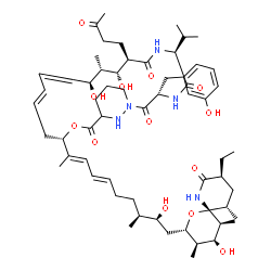 ChemSpider 2D Image | (3S,6S,9R,10R,11S,12S,15E,18S)-18-{(2E,4E,8S,9S)-10-[(2S,3R,4S,5S,6R,9S,11S)-9-Ethyl-4-hydroxy-3,5,11-trimethyl-8-oxo-1-oxa-7-azaspiro[5.5]undec-2-yl]-9-hydroxy-8-methyl-2,4-decadien-2-yl}-10,12-dihyd
roxy-3-(3-hydroxybenzyl)-6-isopropyl-11-methyl-9-(3-oxobutyl)-19-oxa-1,4,7,25-tetraazabicyclo[19.3.1]pentacosa-13,15-diene-2,5,8,20-tetrone | C60H91N5O13