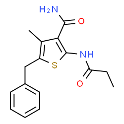 ChemSpider 2D Image | 5-Benzyl-4-methyl-2-(propionylamino)-3-thiophenecarboxamide | C16H18N2O2S
