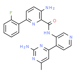 ChemSpider 2D Image | 3-Amino-N-[4-(2-amino-6-methyl-4-pyrimidinyl)-3-pyridinyl]-6-(2-fluorophenyl)-2-pyridinecarboxamide | C22H18FN7O