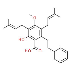 ChemSpider 2D Image | 2-Hydroxy-4-methoxy-3,5-bis(3-methyl-2-buten-1-yl)-6-(2-phenylethyl)benzoic acid | C26H32O4