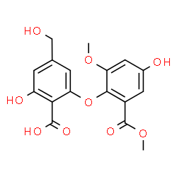ChemSpider 2D Image | 2-Hydroxy-6-[4-hydroxy-2-methoxy-6-(methoxycarbonyl)phenoxy]-4-(hydroxymethyl)benzoic acid | C17H16O9