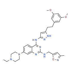 ChemSpider 2D Image | N~4~-{5-[2-(3,5-Dimethoxyphenyl)ethyl]-1H-pyrazol-3-yl}-7-(4-ethyl-1-piperazinyl)-N~2~-[(3-methyl-1,2-oxazol-5-yl)methyl]-2,4-quinazolinediamine | C32H39N9O3