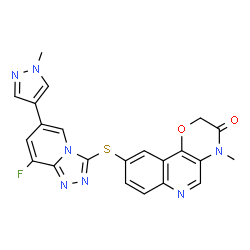 ChemSpider 2D Image | 9-{[8-Fluoro-6-(1-methyl-1H-pyrazol-4-yl)[1,2,4]triazolo[4,3-a]pyridin-3-yl]sulfanyl}-4-methyl-2H-[1,4]oxazino[3,2-c]quinolin-3(4H)-one | C22H16FN7O2S