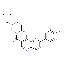 ChemSpider 2D Image | 1-[6-(3,5-Dichloro-4-hydroxyphenyl)-4-({cis-4-[(dimethylamino)methyl]cyclohexyl}amino)-1,5-naphthyridin-3-yl]ethanone | C25H28Cl2N4O2