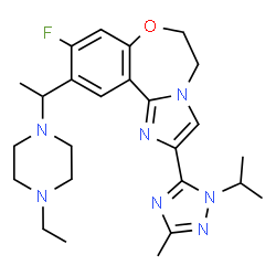 ChemSpider 2D Image | 10-[1-(4-Ethyl-1-piperazinyl)ethyl]-9-fluoro-2-(1-isopropyl-3-methyl-1H-1,2,4-triazol-5-yl)-5,6-dihydroimidazo[1,2-d][1,4]benzoxazepine | C25H34FN7O
